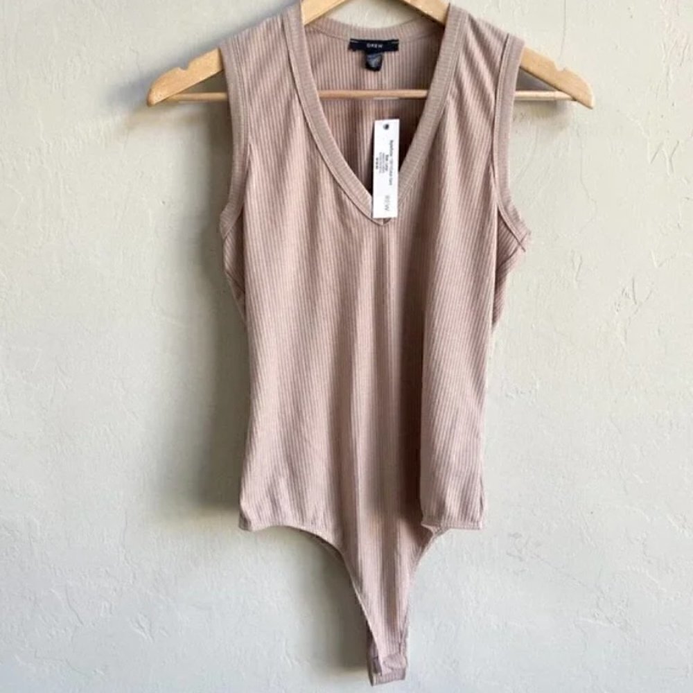 Drew Bodysuit XS NWT Sleeveless V-Neck Ribbed Cuban Sand Neutral Minimalist
